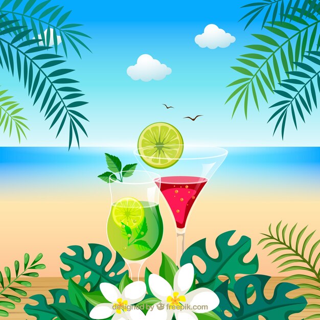Playa tropical adorable con diseño plano