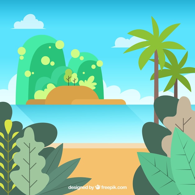 Vector gratuito playa tropical adorable con diseño plano