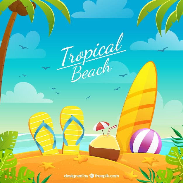 Playa tropical paradisíaca con diseño plano