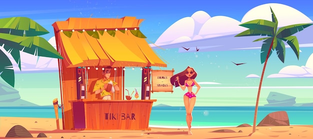 Playa de verano con tiki bar y niña en bikini paisaje de mar con camarero de café de madera y hermosa mujer en gafas de sol Ilustración de dibujos animados de la costa del océano tropical con palmeras