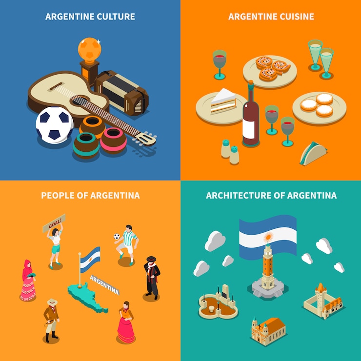 Vector gratuito plaza de los 4 iconos isométricos turísticos de argentina