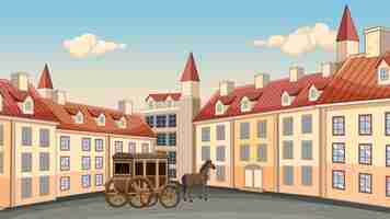 Vector gratuito plaza histórica de la ciudad europea con carruajes de caballos