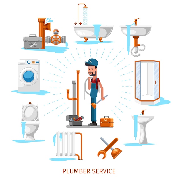 Plomero o ingeniero de mantenimiento en trabajos de plomería. Servicio de reparación, ilustración