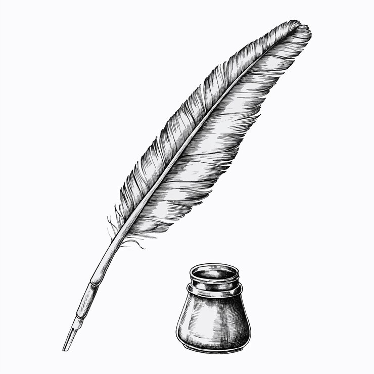 Pluma de canilla dibujada a mano con un tintero