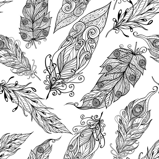 Pluma sin fisuras doodle patrón negro