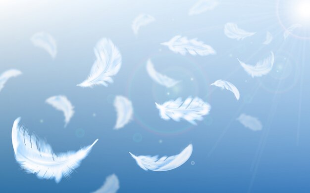 Plumas blancas vuelan en el aire en la ilustración de cielo azul