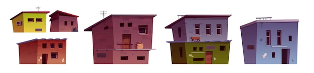 Pobre gueto ciudad calle casa vector edificio conjunto dibujos animados india pueblo barrio roto hogar aislado sobre fondo blanco abandonado ruinoso favela arquitectura distrito colección exterior