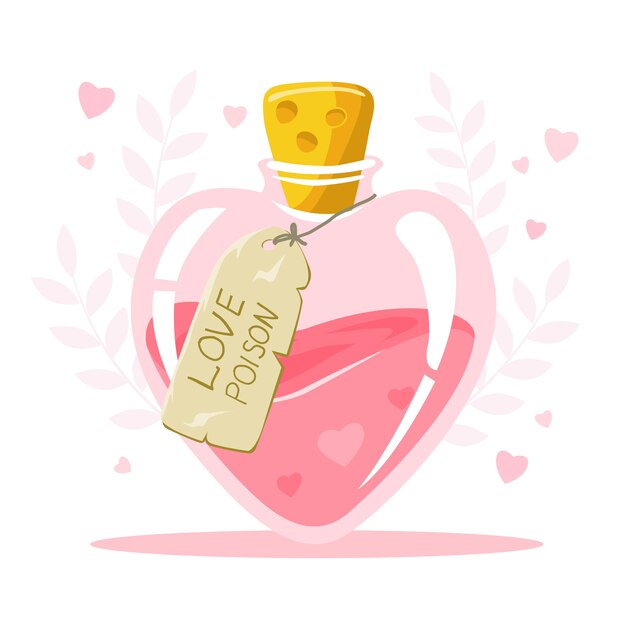 Poción de amor de diseño plano con ilustración de etiqueta
