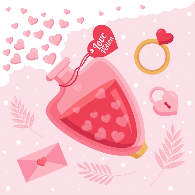 Vector gratuito poción de amor de ilustración de diseño plano con anillo