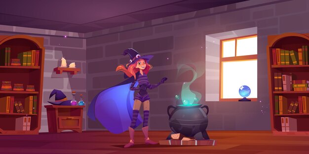 Poción de cocina de bruja en la escuela de magia, personaje de fantasía de encantadora linda con sombrero, traje y capa de pie en el caldero hirviendo en el aula con estanterías y artículos mágicos, ilustración vectorial de dibujos animados