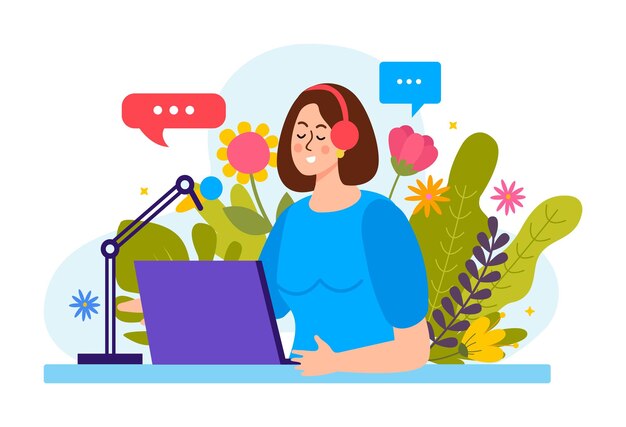 Podcaster femenina con auriculares micrófono portátil grabando podcast en el fondo con flores ilustración vectorial plana