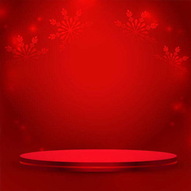Podio 3d con fondo de temporada de festival de copo de nieve rojo