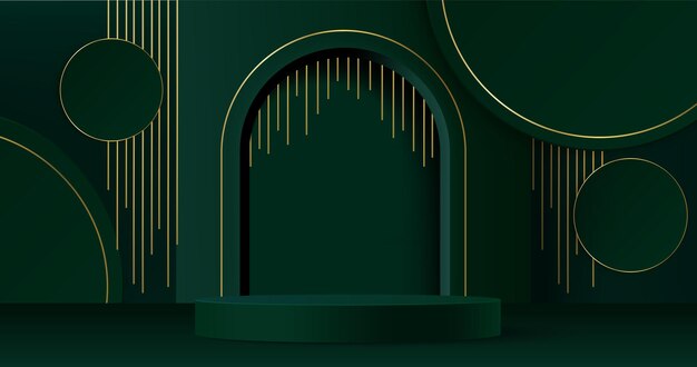 Podio abstracto de lujo verde con líneas doradas