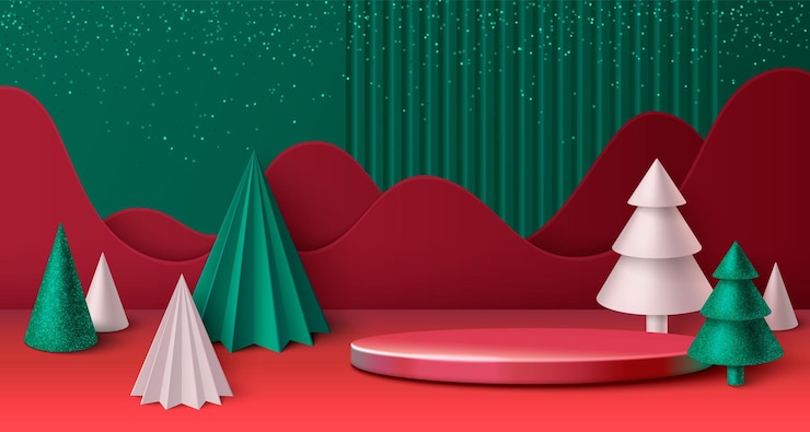 Vector gratuito el podio del árbol de navidad 3d red merry xmas banner bg