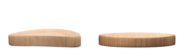 Podio de madera 3D aislado sobre fondo blanco Ilustración vectorial realista de plataformas de madera natural para productos cosméticos Presentación de plato de escenario de forma redonda y abstracta para servir sushi