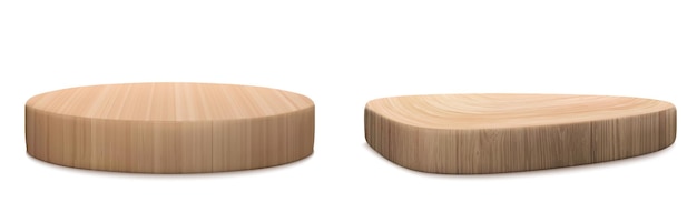 Podio de madera 3D aislado sobre fondo blanco Ilustración vectorial realista de plataformas de madera natural para productos cosméticos Presentación de plato de escenario de forma redonda y abstracta para servir sushi