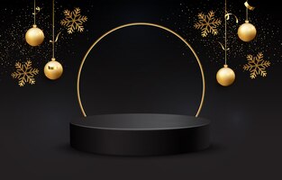 Vector gratuito podio negro para exhibición de navidad sobre fondo negro. pedestal negro realista sobre un fondo negro de navidad. fondo oscuro