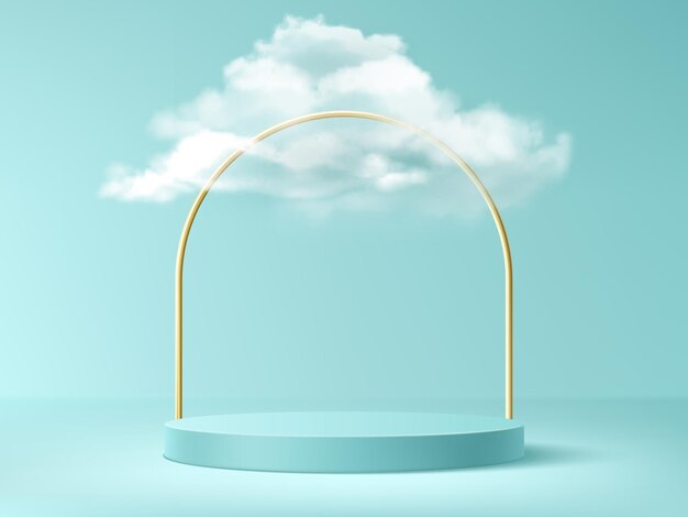Podio con nubes y arco dorado, fondo abstracto con escenario cilíndrico vacío para la ceremonia de premiación