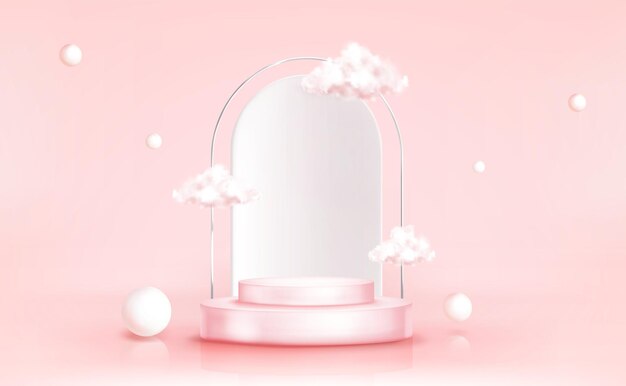 Podio con nubes con esferas geométricas, escenario cilíndrico vacío para ceremonia de premiación o plataforma de presentación de producto