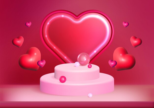 Podio de pedestal de cilindro 3D rosa realista con arco de marco de neón en forma de corazón