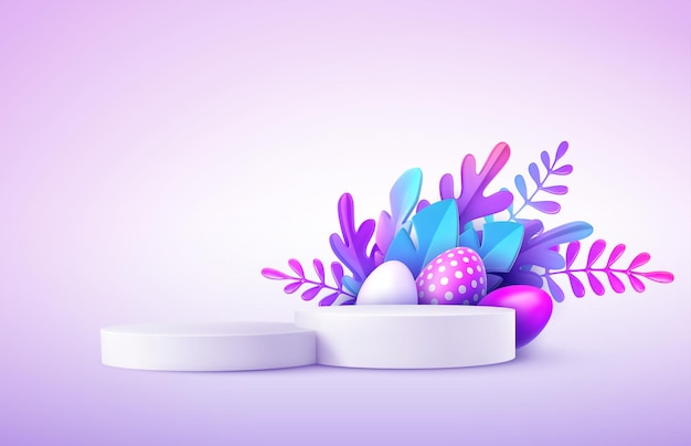 Podio de producto realista con huevos de Pascua y fantásticas hojas tropicales.