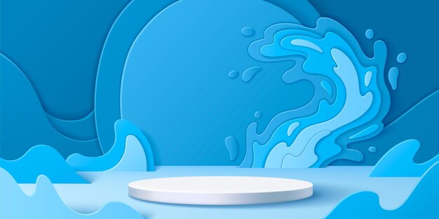 Podio redondo y salpicaduras de agua cortadas en papel