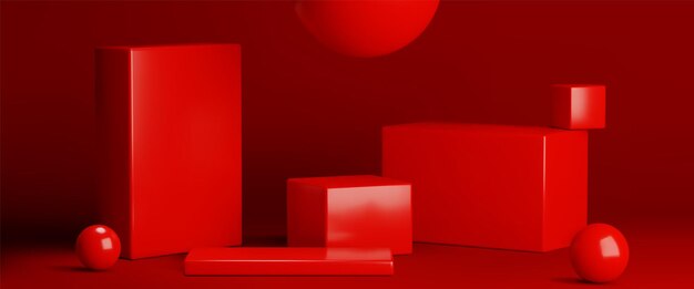 Podios de cubos geométricos minimalistas en el estudio rojo