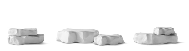 Podios de piedra 3d para exhibición de productos Pedestales de plataformas de roca para decoración de baño o playa de verano Bloques de piedra gris ásperos aislados en ilustración realista de vector de fondo blanco