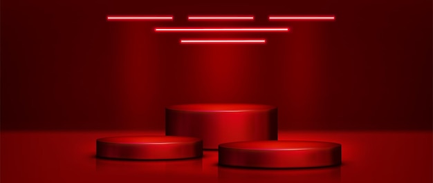 Vector gratuito podios de productos de cilindro rojo con luz de neón