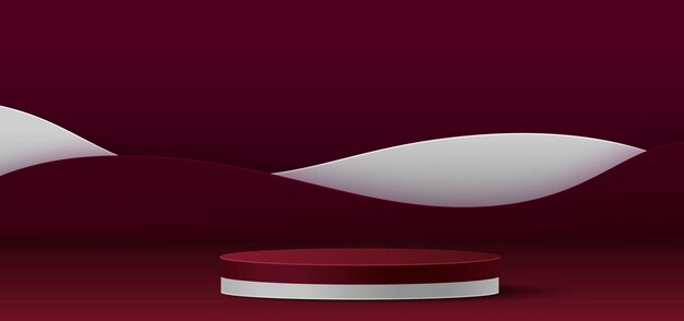 Podium cilíndrico rojo y blanco con decoración de ondas