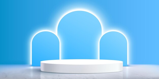 Podium circular blanco con arcos azules luminosos