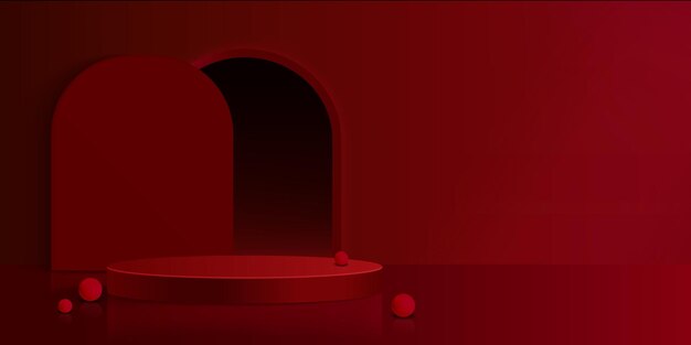 Podium circular minimalista en el interior del estudio rojo