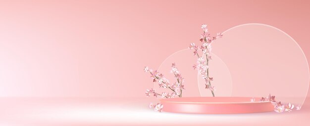 Podium de exhibición rosado con delicadas flores de sakura
