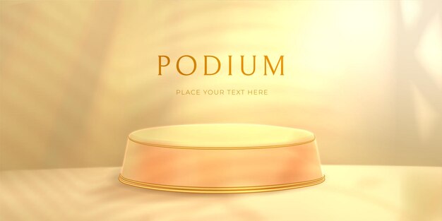 Podium o pedestal con hojas de palma tropicales a la sombra sobre un fondo beige