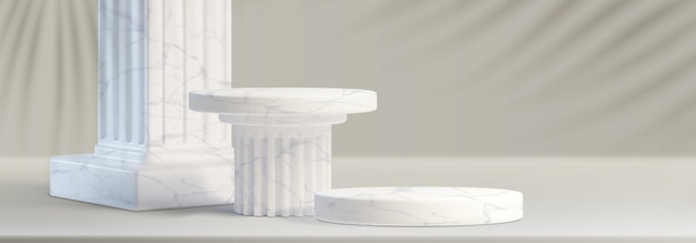 Podium de pilares de mármol de 3d y pedestal de columnas blancas