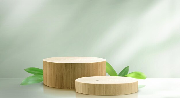Podium de productos 3D de madera redondo con hoja verde