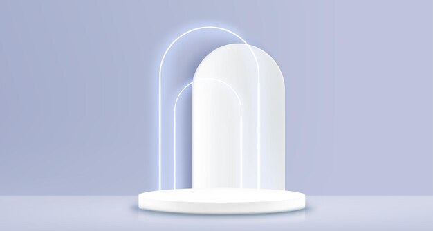 Podium de productos con arco decorativo brillante de neón