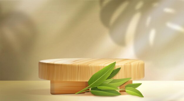 Podium de productos de cilindro de madera con hoja verde