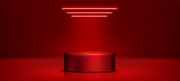 Podium de productos de cilindro rojo con luz de neón