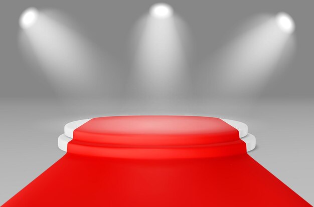 Podium de productos de escaleras con alfombra roja y reflector