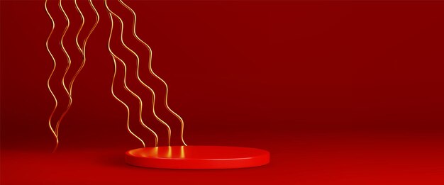 Podium de productos rojo circular con líneas onduladas doradas