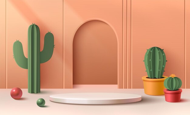 Podium de productos en la sala de estudio con arco y cactus