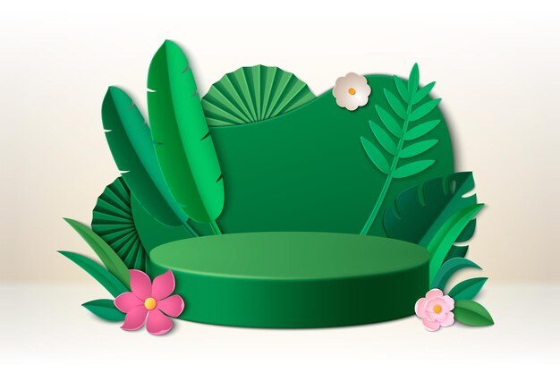 Podium de productos verdes de 3d con hojas de papel