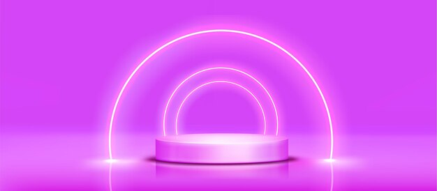 Podium redondo con arco de luz de neón en púrpura