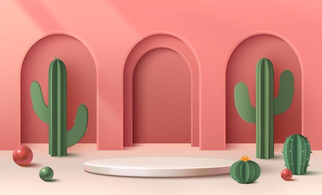 Podium redondo y cactus en un fondo de arco rosado