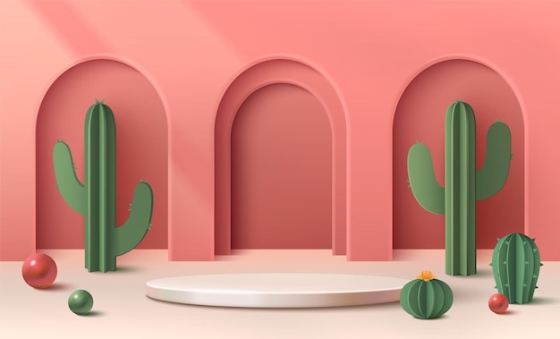 Podium redondo y cactus en un fondo de arco rosado
