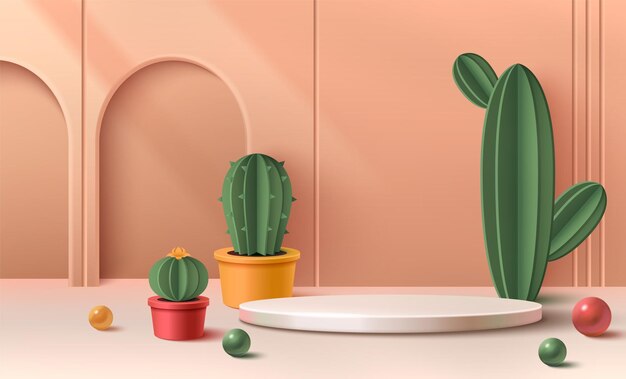 Podium de verano beige 3d con cactus para el producto