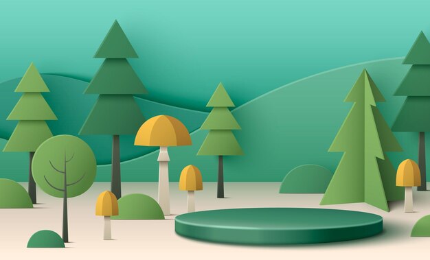 Podium verde sobre un fondo de bosque recortado en papel