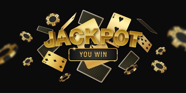 Poker jackpot torneo en línea banner horizontal negro dorado con tarjetas y fichas flotantes realistas