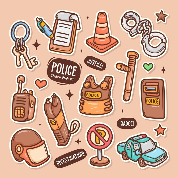 Policía lindo Doodle Vector colección de pegatinas
